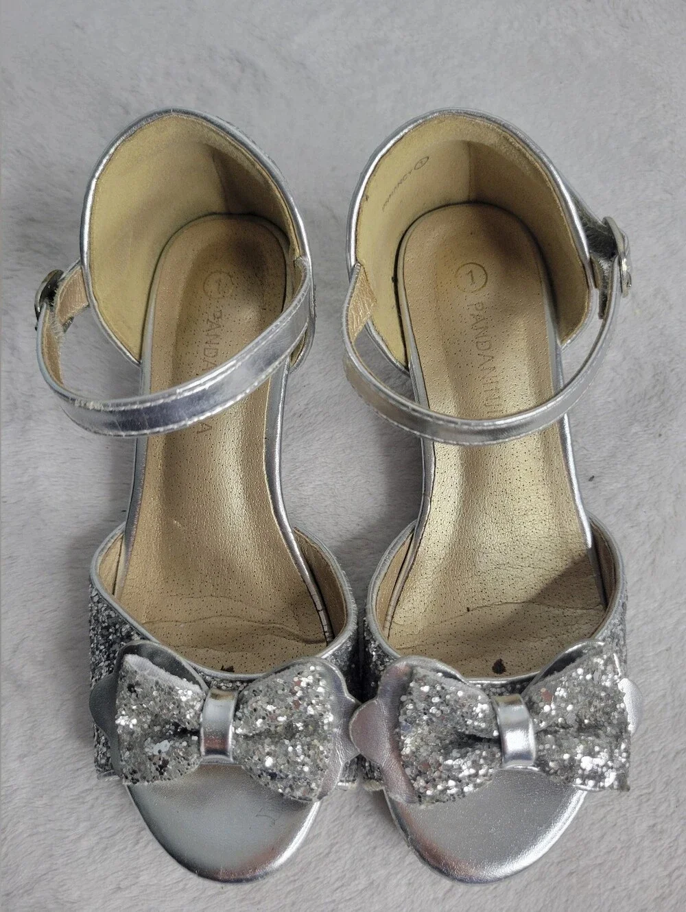 Silver Glitter Dress Low Heel Sparkly Bow Girls Sz 1 PANDANINJIA Church Fancy
